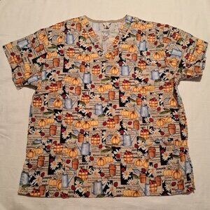 Fall pumpkin apple women's size Large scrub uniform top VGUC